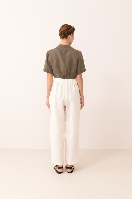 Beli Lastikli Çift Pileli Keten Pantolon Bej - 2