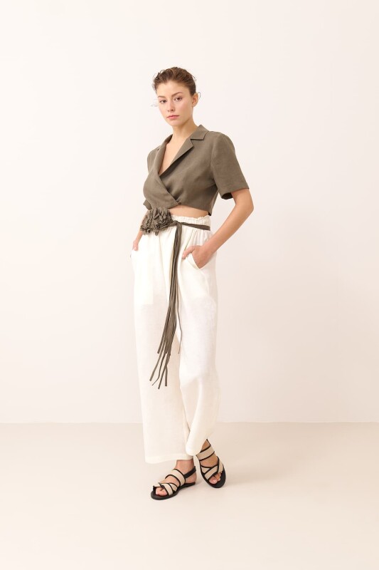 Beli Lastikli Çift Pileli Keten Pantolon Bej - 1