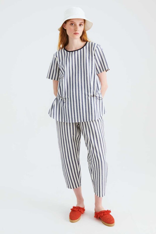 Beli Lastikli Çizgili Bluz Standart Renk - 1