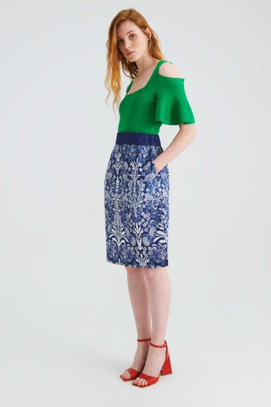 Beli Lastikli Desenli Midi Etek Standart Renk - 3