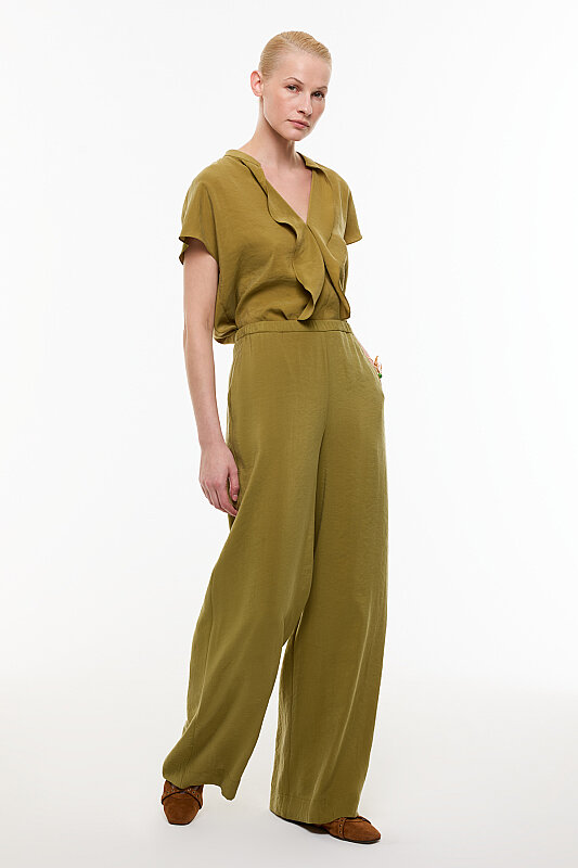 Beli Lastikli Geniş Paça Pantolon Olive - 3