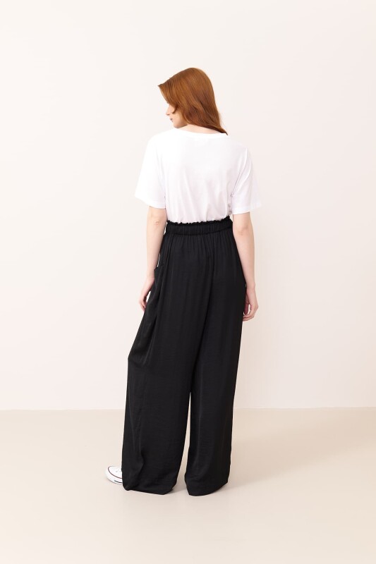 Wide Leg Satin Trousers with Elastic Waist Black - 2