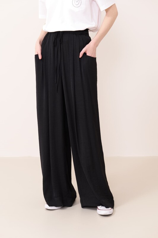Wide Leg Satin Trousers with Elastic Waist Black - 3