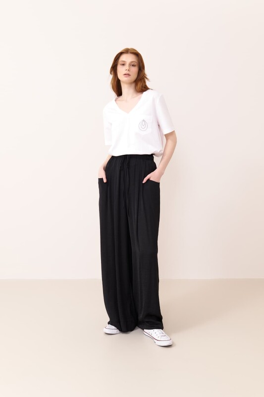 Wide Leg Satin Trousers with Elastic Waist Black - 1