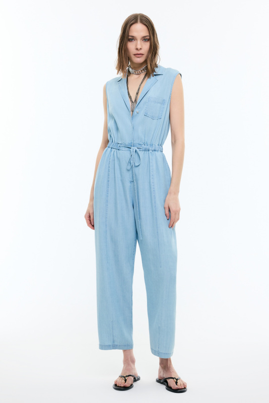 Beli Lastikli Kolsuz Denim Tulum Mavi - Roman