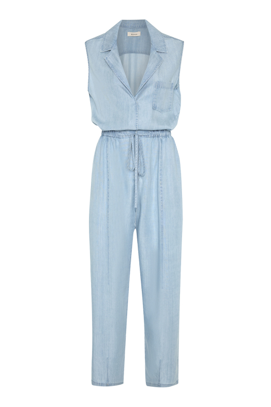 Beli Lastikli Kolsuz Denim Tulum Mavi - 5