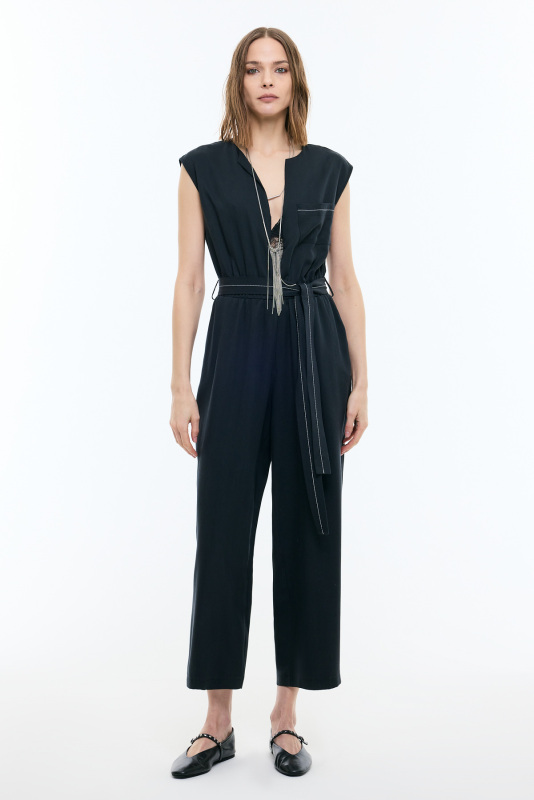 Beli latikli ve Kuşaklı Önü Fermuarlı V Yaka Tulum Lacivert - Roman