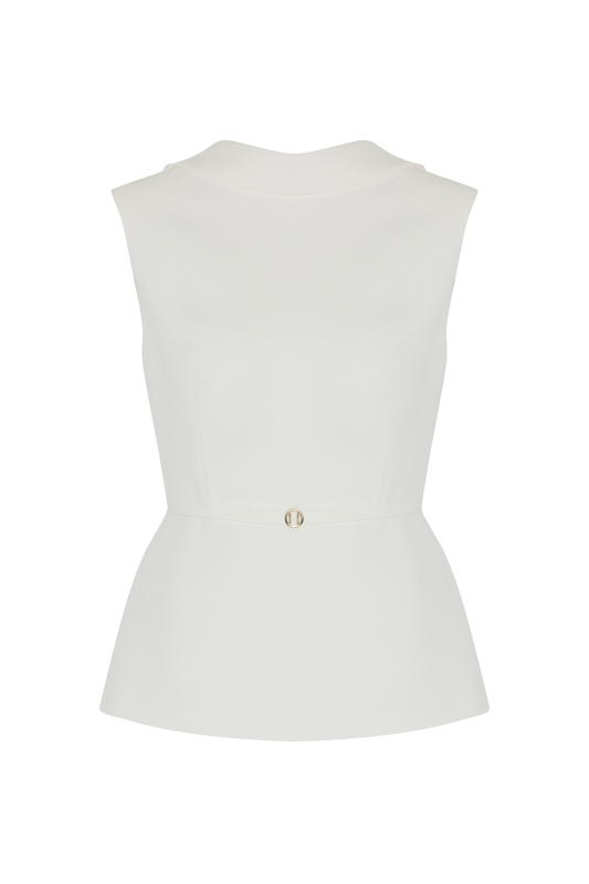 Beli Tokalı Yaka Detaylı Bluz Beyaz - 5