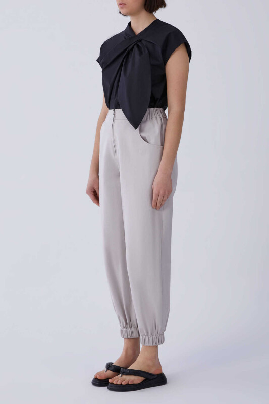 Beli Ve Paçası Lastikli Kadın Pantolon Taş - 3