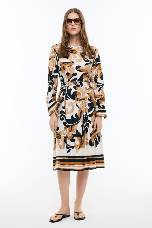 Bisiklet Yaka Beli Kuşaklı Midi Boy Elbise Standart Renk - Roman