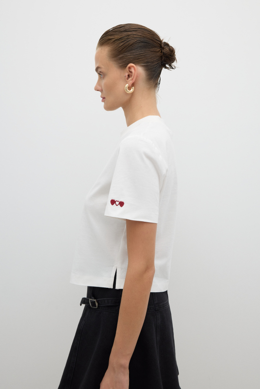 Bisiklet Yaka Kalp Nakışlı T-shirt Ekru - 3