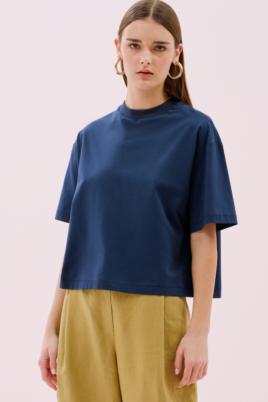 Bisiklet Yaka Kısa Kol Crop T-shirt Lacivert 