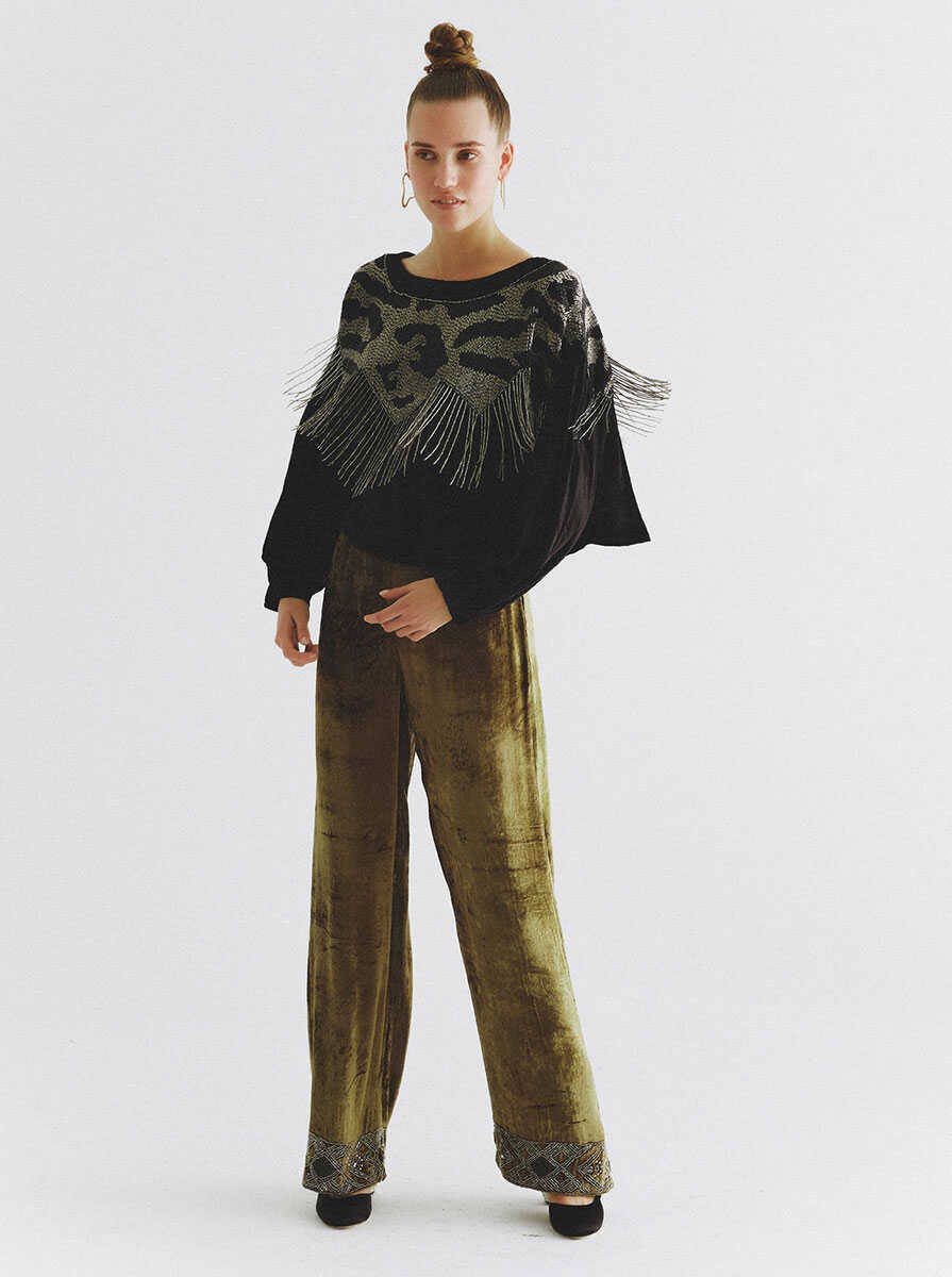  Boncuk İşlemeli Kadife Kadın Pantolon Standart Renk - 3
