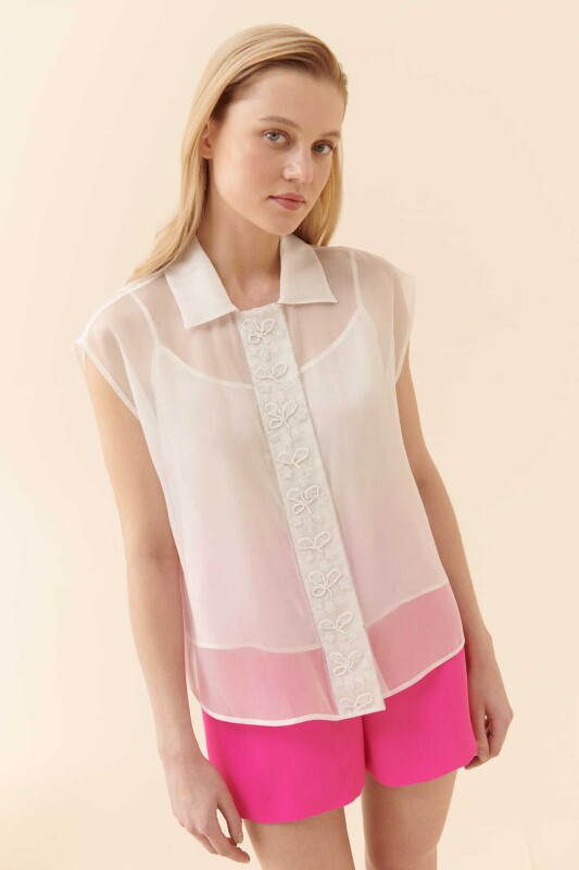  Boncuk İşlemeli Kolsuz Kadın Bluz Beyaz - 1