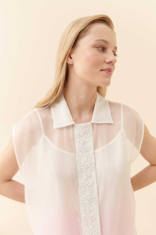  Boncuk İşlemeli Kolsuz Kadın Bluz Beyaz - 3