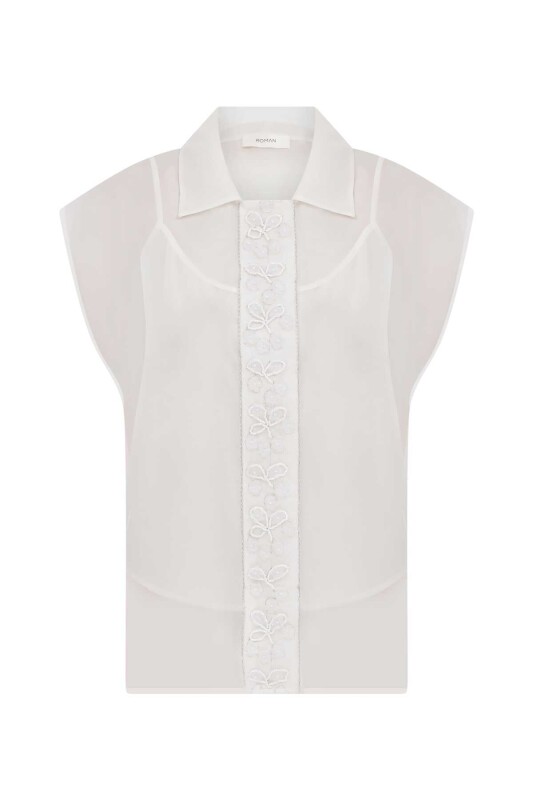  Boncuk İşlemeli Kolsuz Kadın Bluz Beyaz - 4