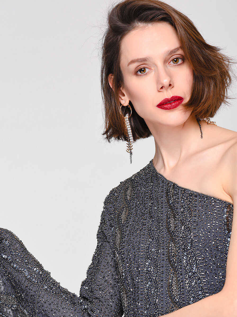  Boncuk İşlemeli Tek Omuz Renkli Gece Elbisesi Gri - 3