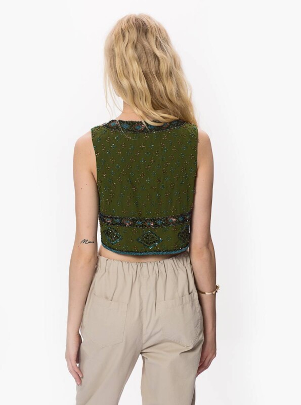 Boncuk İşlemeli Yelek Yeşil - 2