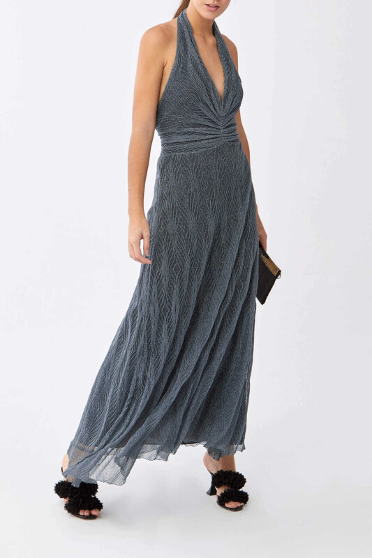 Boyundan Askılı Önü Büzgülü Triko Uzun Elbise Antrasit - 3