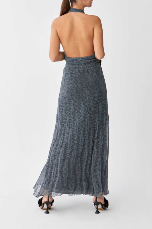 Boyundan Askılı Önü Büzgülü Triko Uzun Elbise Antrasit - 2