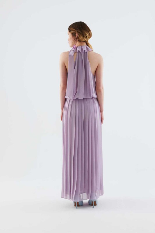 Boyundan Bağlamalı Abiye Elbise Lila - 2