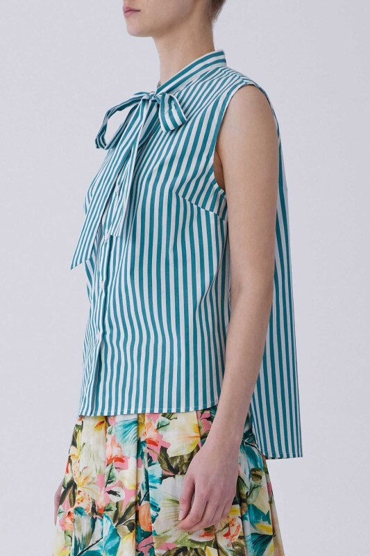 Boyundan Bağlamalı Çizgili Bluz Standart Renk - 3