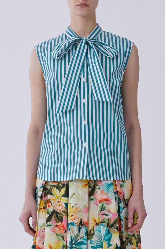 Boyundan Bağlamalı Çizgili Bluz Standart Renk - 1