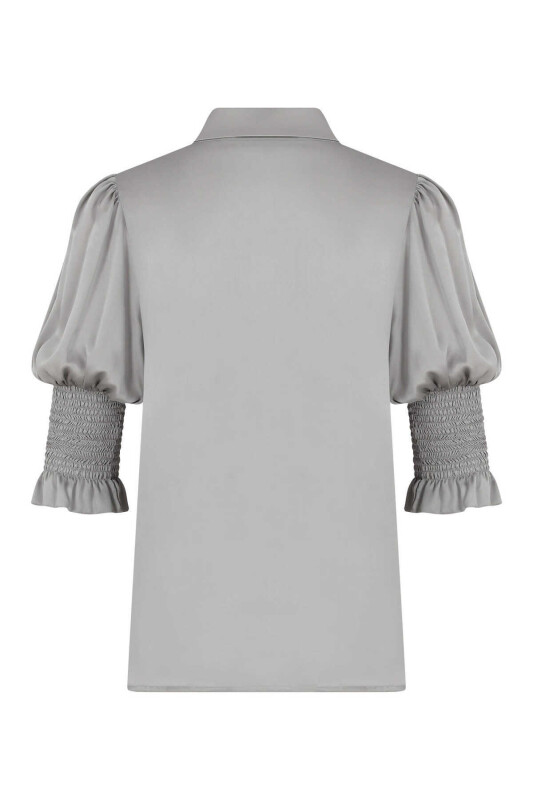  Boyundan Bağlamalı Kolları Lastikli Bluz Gri - 5