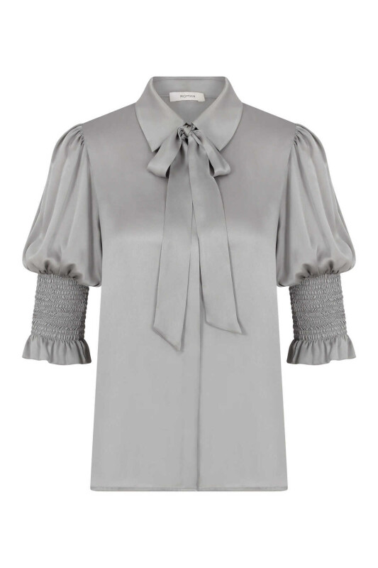  Boyundan Bağlamalı Kolları Lastikli Bluz Gri - 4