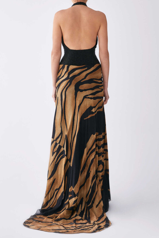  Boyundan Bağlamalı Sırt Dekolteli Desen Geçişli Uzun Elbise Siyah - 2