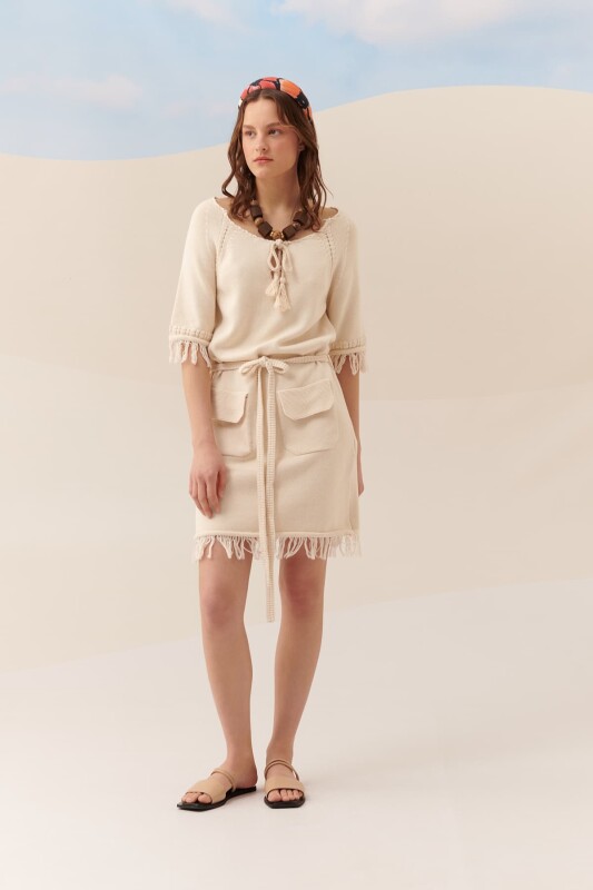 Boyundan Bağlamalı Triko Elbise Naturel - 3