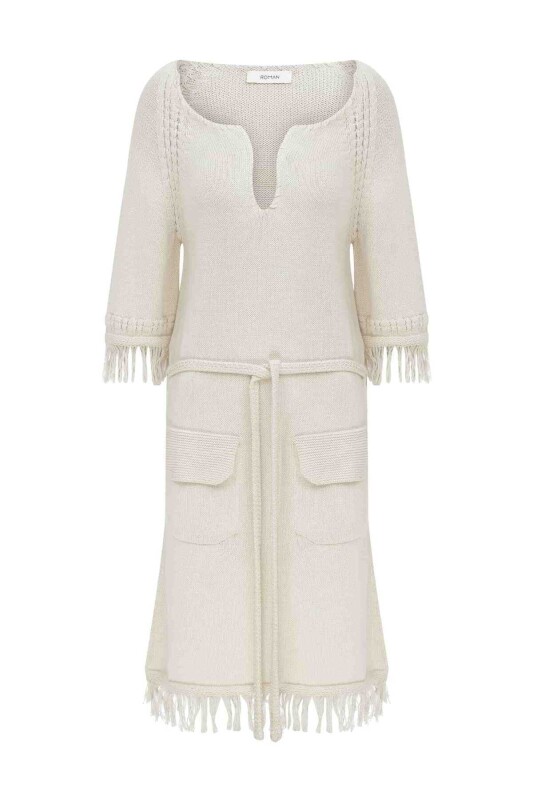 Boyundan Bağlamalı Triko Elbise Naturel - 4