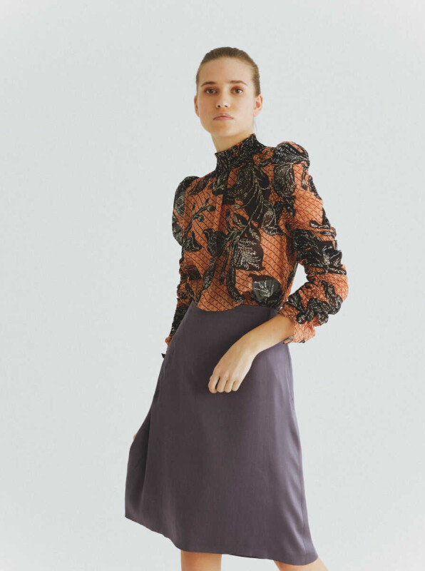 %100 İpek Büzgü Detaylı Etek Mürdüm - 3