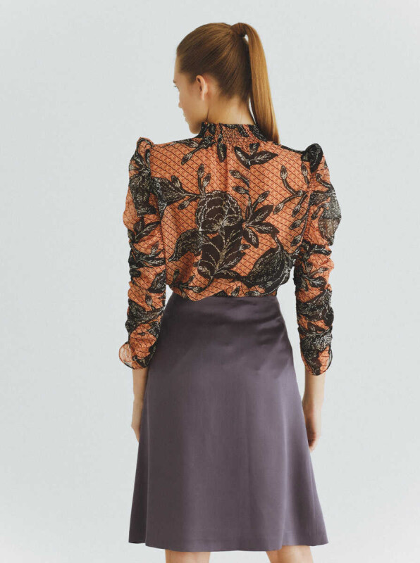 %100 İpek Büzgü Detaylı Etek Mürdüm - 2