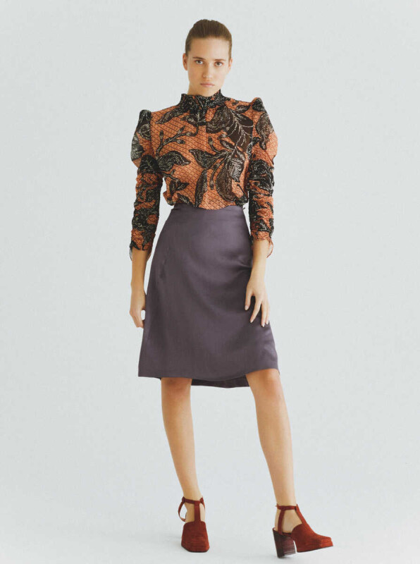 %100 İpek Büzgü Detaylı Etek Mürdüm - 4