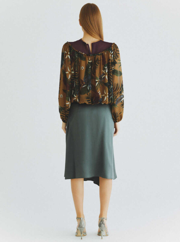 %100 İpek Büzgü Detaylı Etek Yeşil - 2