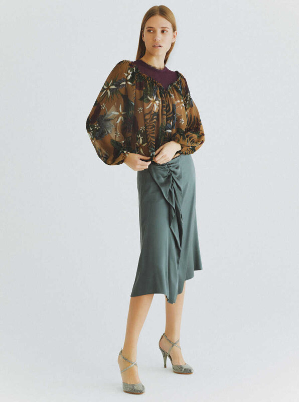 %100 İpek Büzgü Detaylı Etek Yeşil - 3