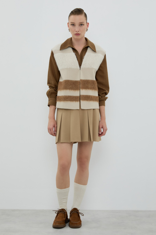 Yün ve Kaşmir Karışımlı V Yaka Yelek Camel - Bej - 3