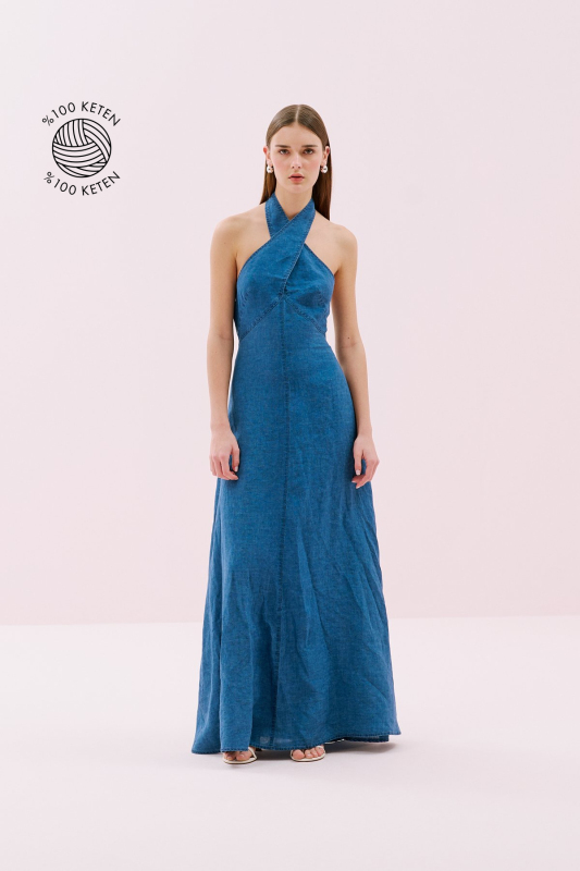 Çapraz Askılı Sırtı Açık Midi Boy Keten Elbise İndigo - 1