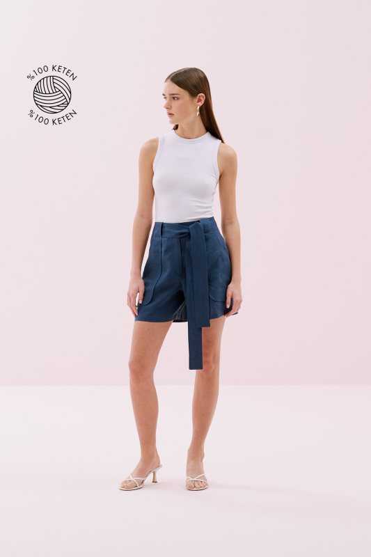 Cep Detaylı Beli Kemerli Keten Şort Lacivert - 1