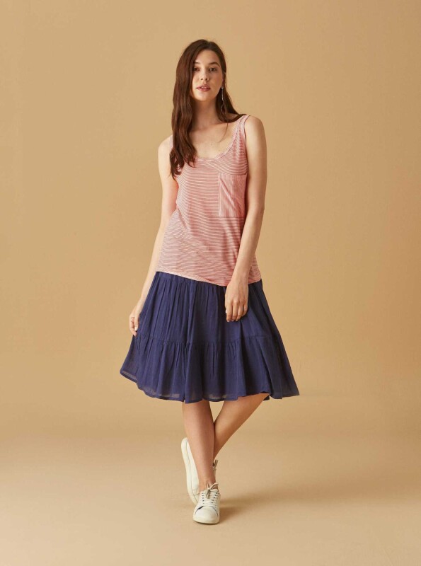  Cep Detaylı Çizgili Sıfır Kol Bluz Kırmızı - Roman