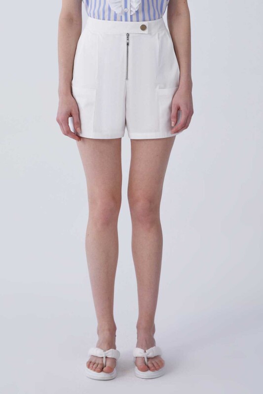 Cep Detaylı Kadın Şort Beyaz - 1