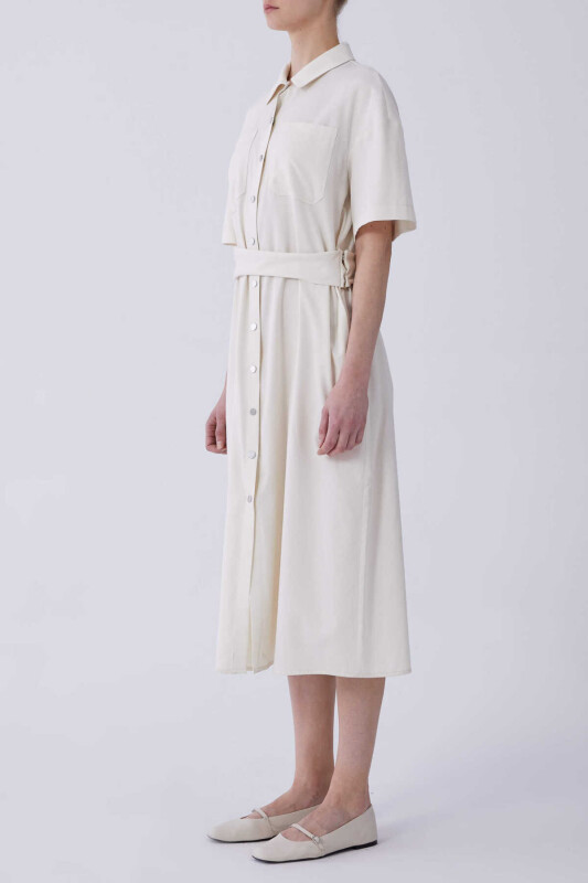 Cep Detaylı Midi Boy Elbise Kemik - 3