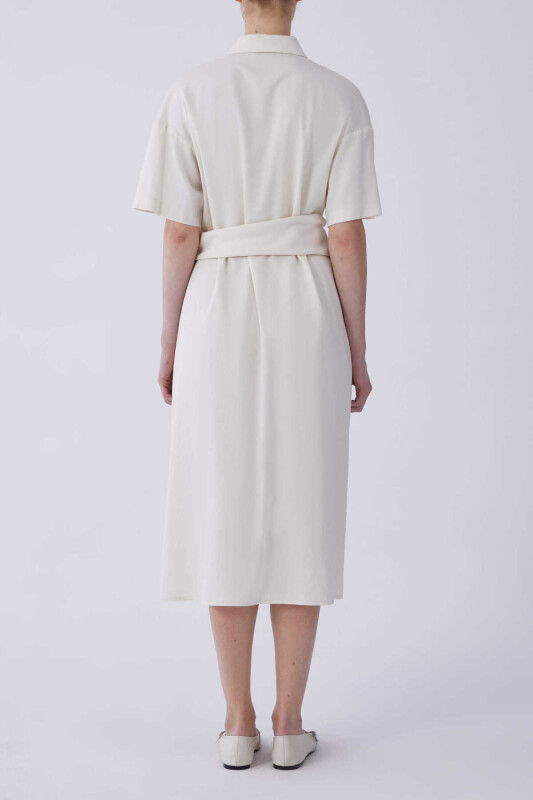 Cep Detaylı Midi Boy Elbise Kemik - 2