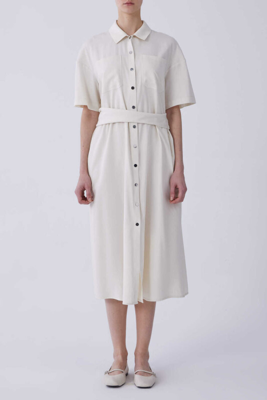 Cep Detaylı Midi Boy Elbise Kemik - 1