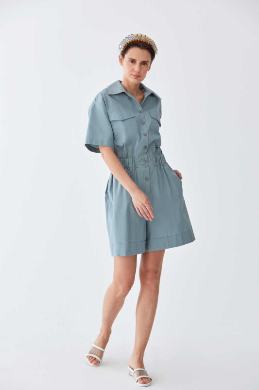 Cep Detaylı Tulum Gri - Mavi - 1