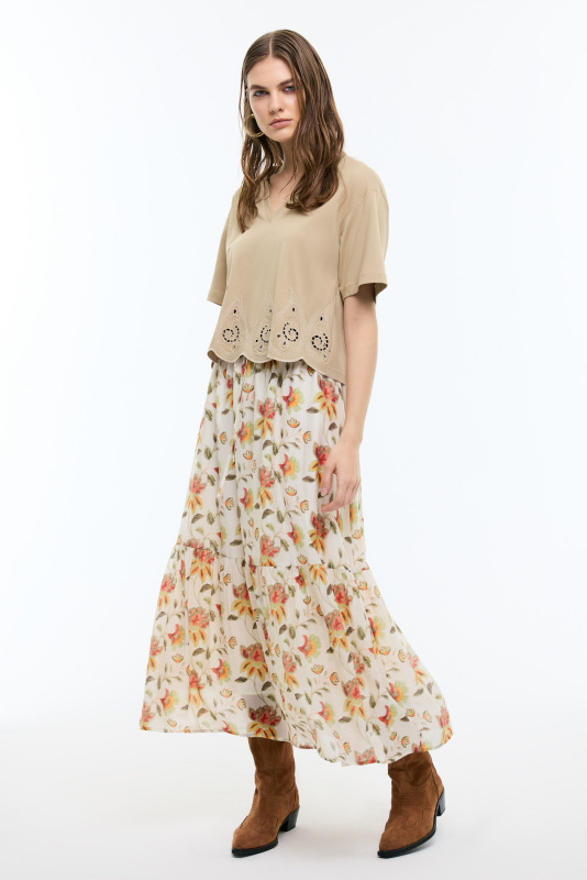 Çiçek Desenli Beli Lastikli Midi Boy Etek Standart Renk - Roman