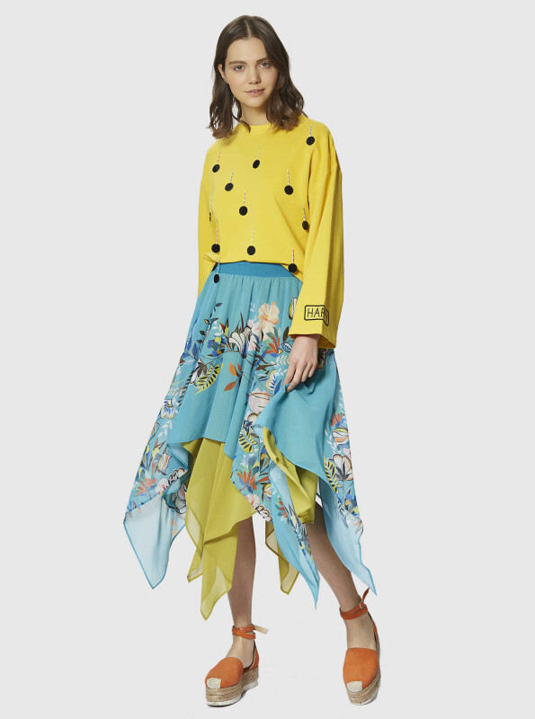 Çiçek Desenli Etek Mavi - 1