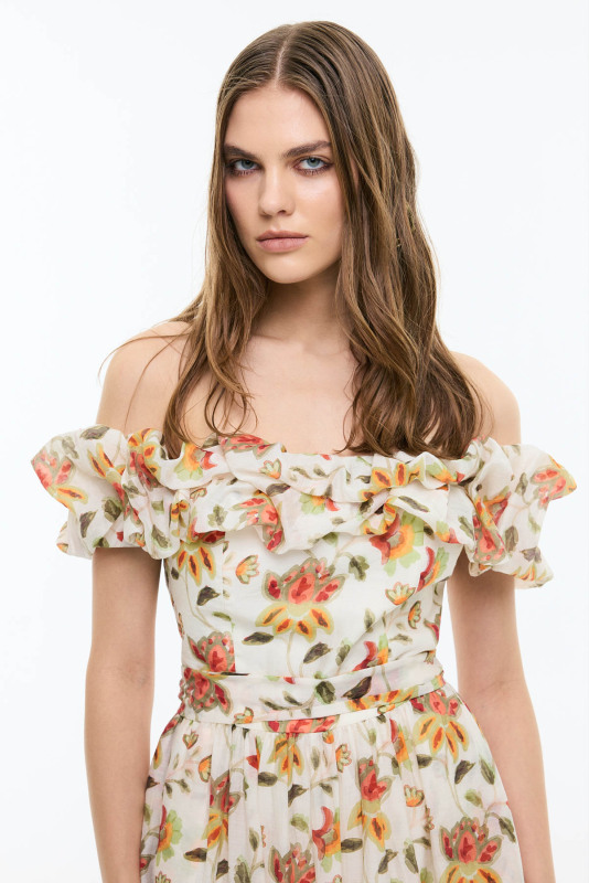 Çiçek Desenli Kayık Yaka Beli Kuşaklı Midi Boy Elbise Standart Renk - 4