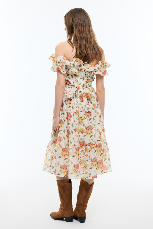 Çiçek Desenli Kayık Yaka Beli Kuşaklı Midi Boy Elbise Standart Renk - Roman (1)